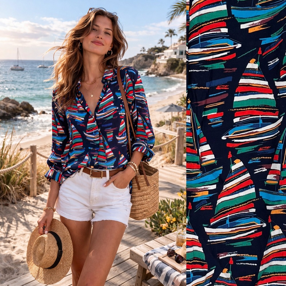 Soft Surroundings Button Down Shirt XS‎ Navy Sailboat Print Nautical Coastal